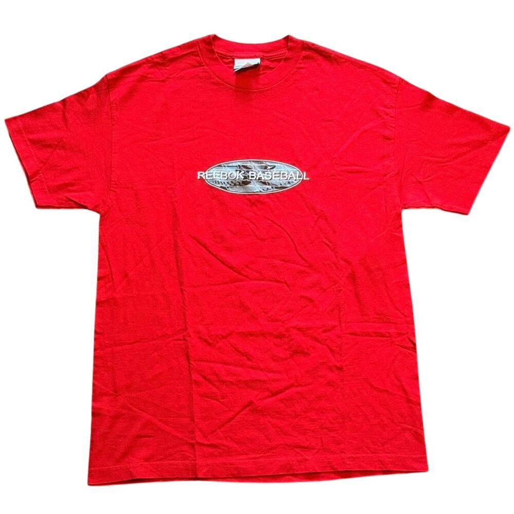 Vintage Y2K Reebok Baseball Graphic T Shirt Red Center Oval Logo Large